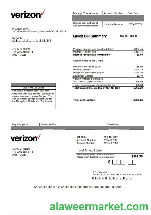 USA Verizon utility bill template in Word format, fully editable, version 2